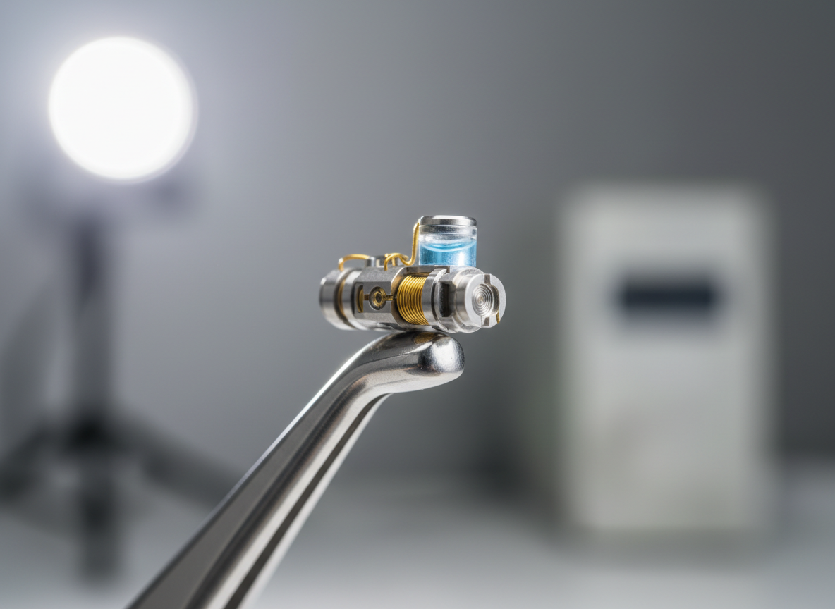 An ultra-detailed macro photograph of a single microrobot designed for targeted drug delivery, resting on the smooth tip of a stainless-steel surgical instrument above a neutral, blurred lab background. The microrobot is no larger than a grain of sand, with a segmented metallic body, micro-coils indicating wireless actuation, and a tiny reservoir compartment with a faint translucent window. A directional, high-key studio light from the upper left creates crisp highlights along its edges and gentle shadows that reveal its intricate geometry, while a softer fill light prevents harsh contrast. The composition uses extreme close-up framing and shallow depth of field to isolate the device, evoking precision, sophistication, and the transformative potential of small-scale clinical technologies.
