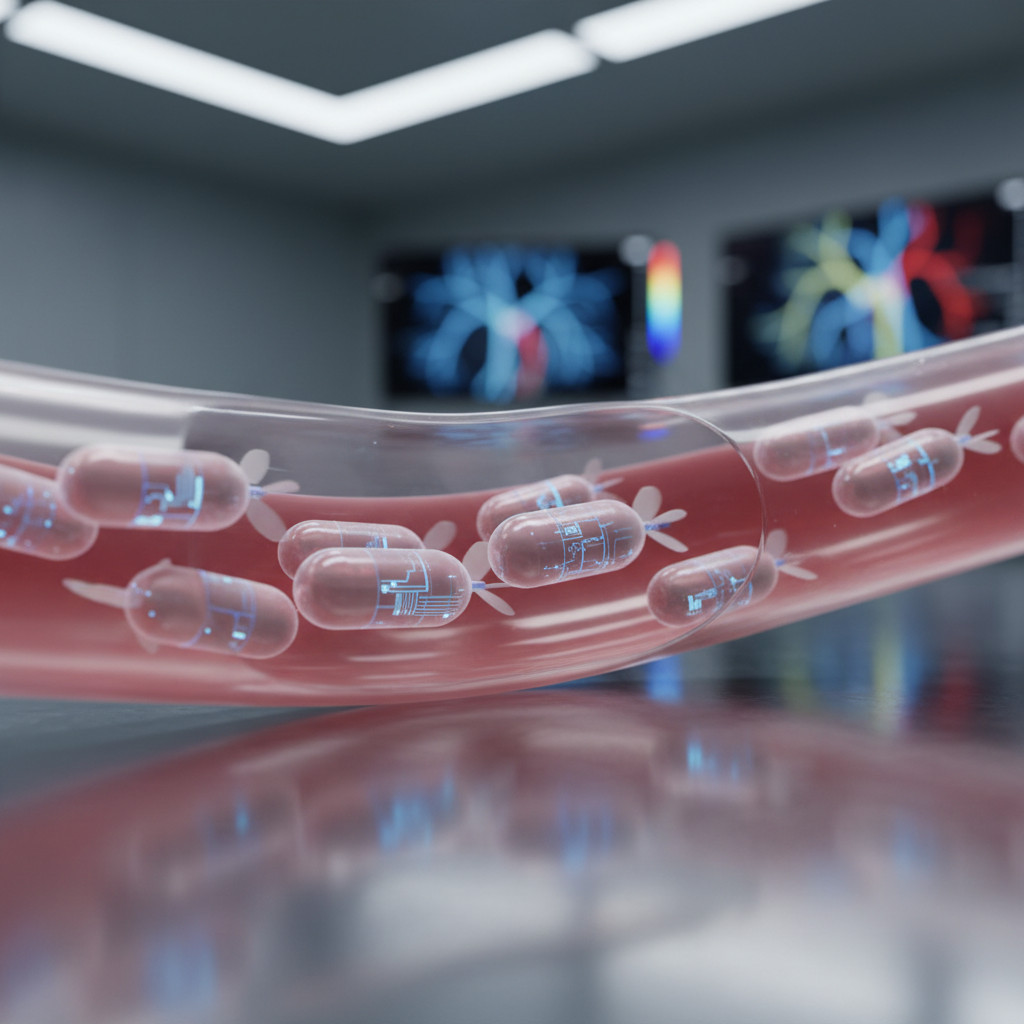 A close-up, photographic view inside a transparent, silicone model of a blood vessel resting on a polished lab platform, with several tiny capsule-shaped microrobots navigating the channel. Each device has a smooth biocompatible coating, faint circuit patterns beneath the surface, and miniature fins suggesting wireless control. Cool white lab lighting from above and a subtle side light reveal the translucency of the vessel and the soft red fluid inside, casting delicate refracted patterns onto the table. In the softly blurred background, medical imaging monitors display abstract, color-coded vascular diagrams without readable text. Captured at eye level with shallow depth of field, the composition feels clinical yet hopeful, highlighting noninvasive, remotely controlled medical intervention research.