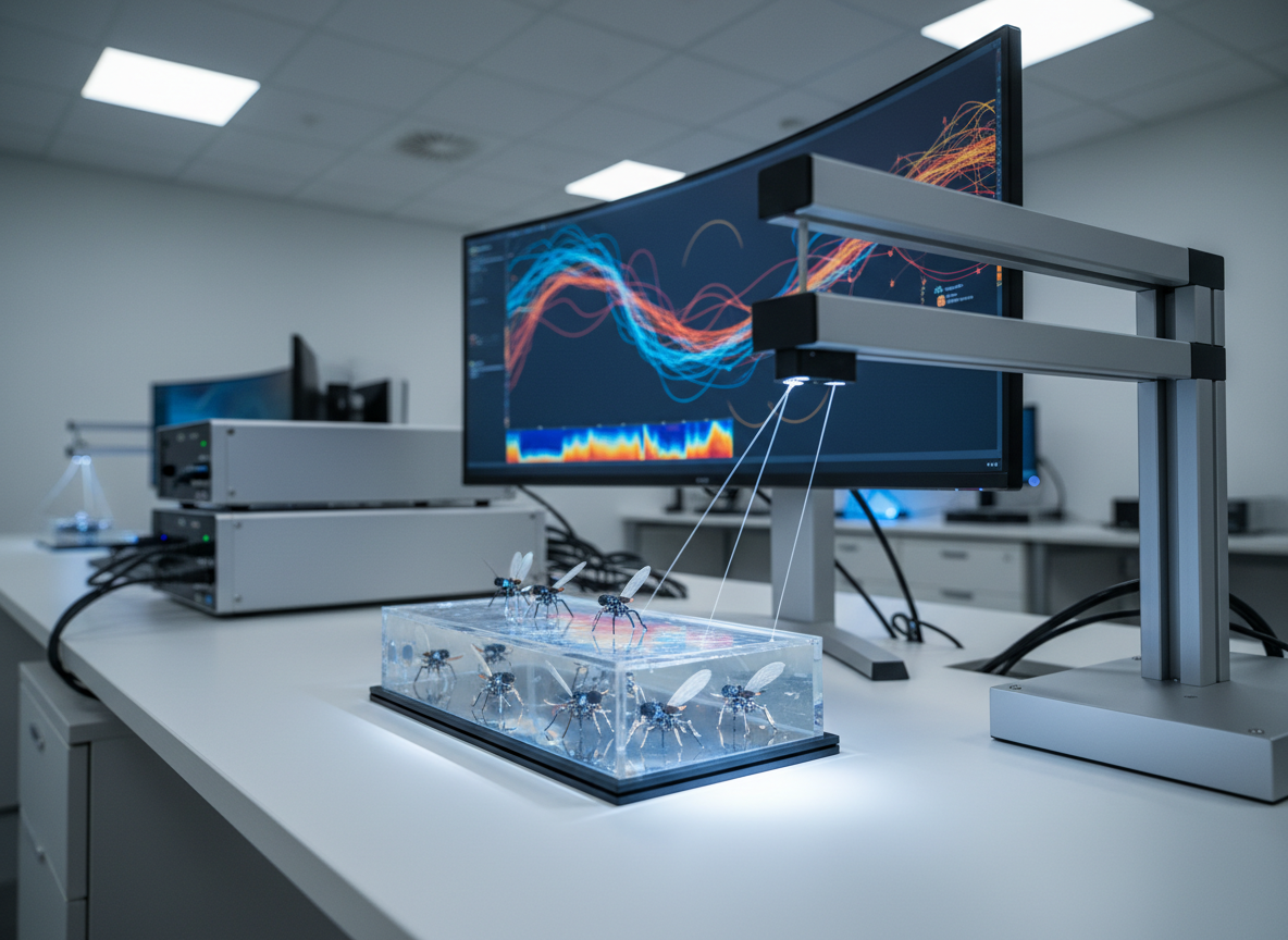 A sophisticated microrobotics imaging and control workstation in a modern clinical engineering institute, rendered in photographic realism. In the foreground, a glass-covered experimental chamber the size of a tablet contains a clear gel matrix where several insect‑like microrobots are frozen mid-motion, illuminated by fine fiber-optic spotlights from above. A large, bezel-less monitor behind the chamber shows abstract, multicolored trajectories and heat-map overlays with no legible text. The environment features clean white surfaces, brushed aluminum equipment housings, and neatly routed cables, avoiding cluttered stock imagery aesthetics. Soft, cool overhead lighting mixed with a subtle blue accent glow from display screens creates a focused, research-driven atmosphere. Shot from a three-quarter angle, moderate depth of field, communicating advanced control and visualization of microrobotic systems for life science applications.