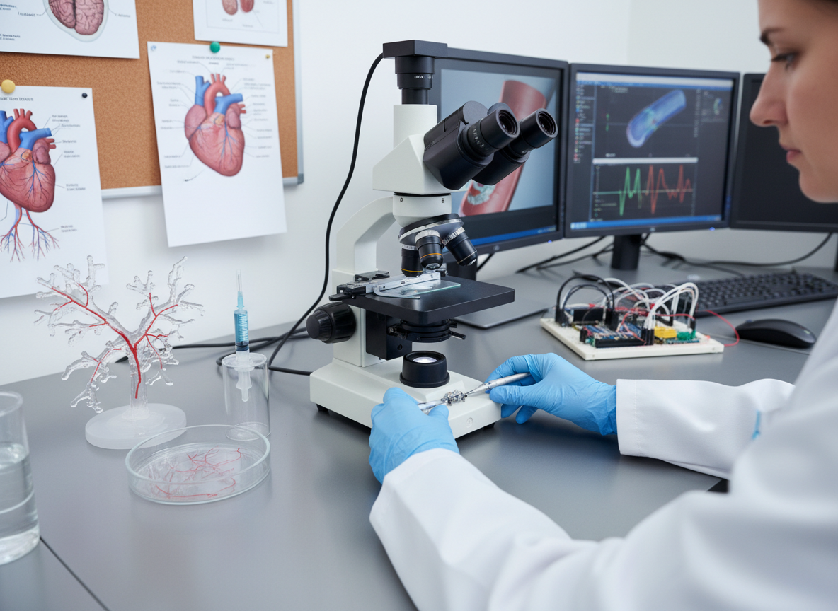 A close-up, photographic view inside a transparent, silicone model of a blood vessel resting on a polished lab platform, with several tiny capsule-shaped microrobots navigating the channel. Each device has a smooth biocompatible coating, faint circuit patterns beneath the surface, and miniature fins suggesting wireless control. Cool white lab lighting from above and a subtle side light reveal the translucency of the vessel and the soft red fluid inside, casting delicate refracted patterns onto the table. In the softly blurred background, medical imaging monitors display abstract, color-coded vascular diagrams without readable text. Captured at eye level with shallow depth of field, the composition feels clinical yet hopeful, highlighting noninvasive, remotely controlled medical intervention research.